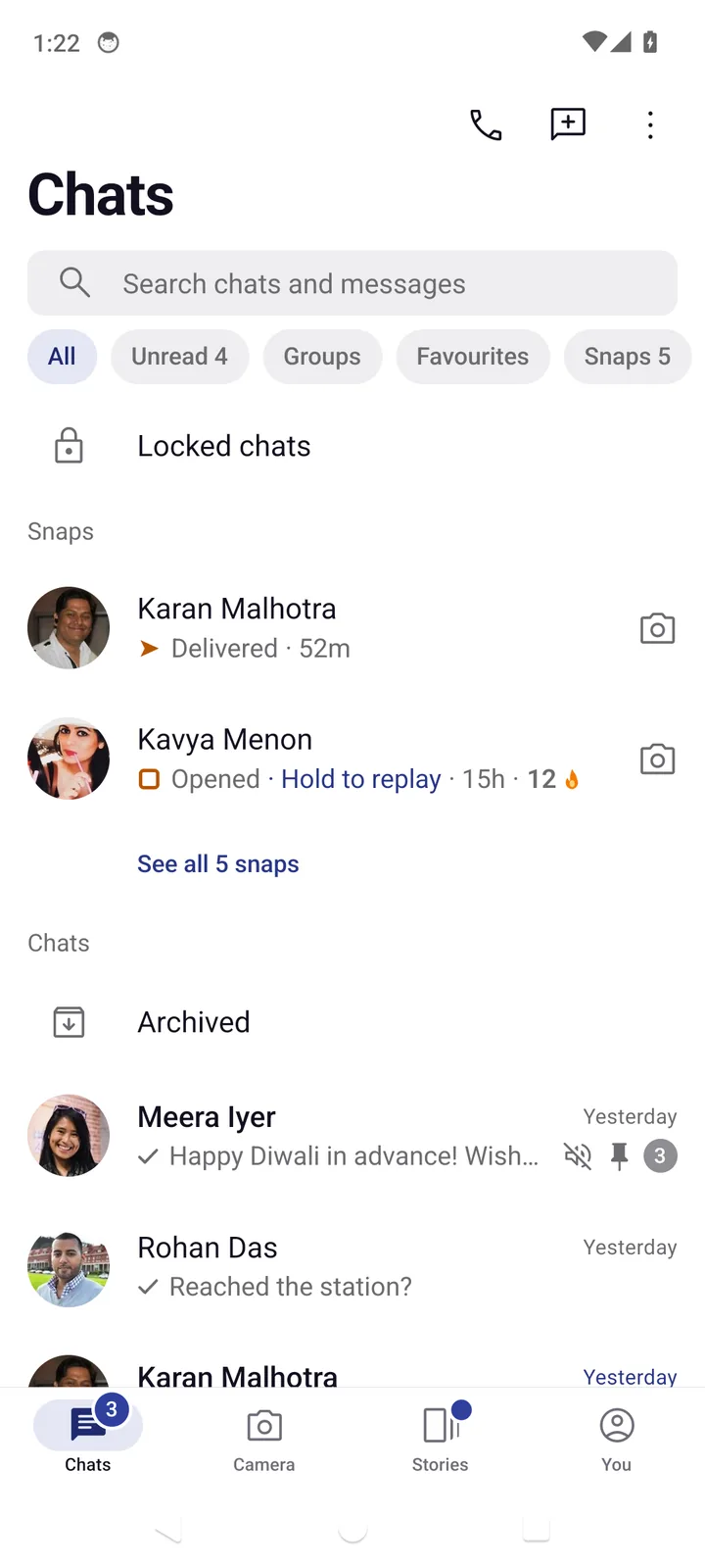 The IndieChat chat list, with snaps from friends shown above recent chats.