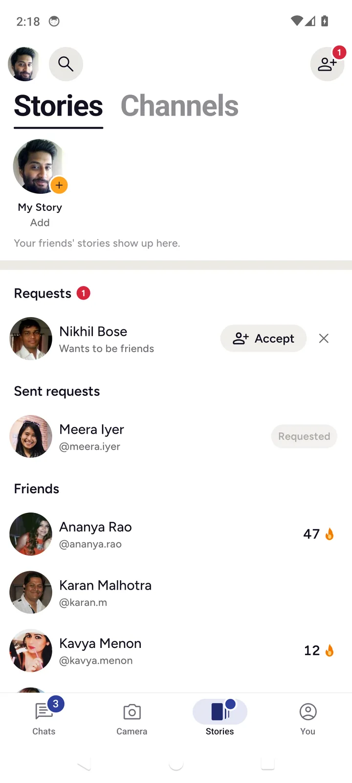 The Stories tab, with friend requests and a streak count beside each friend.